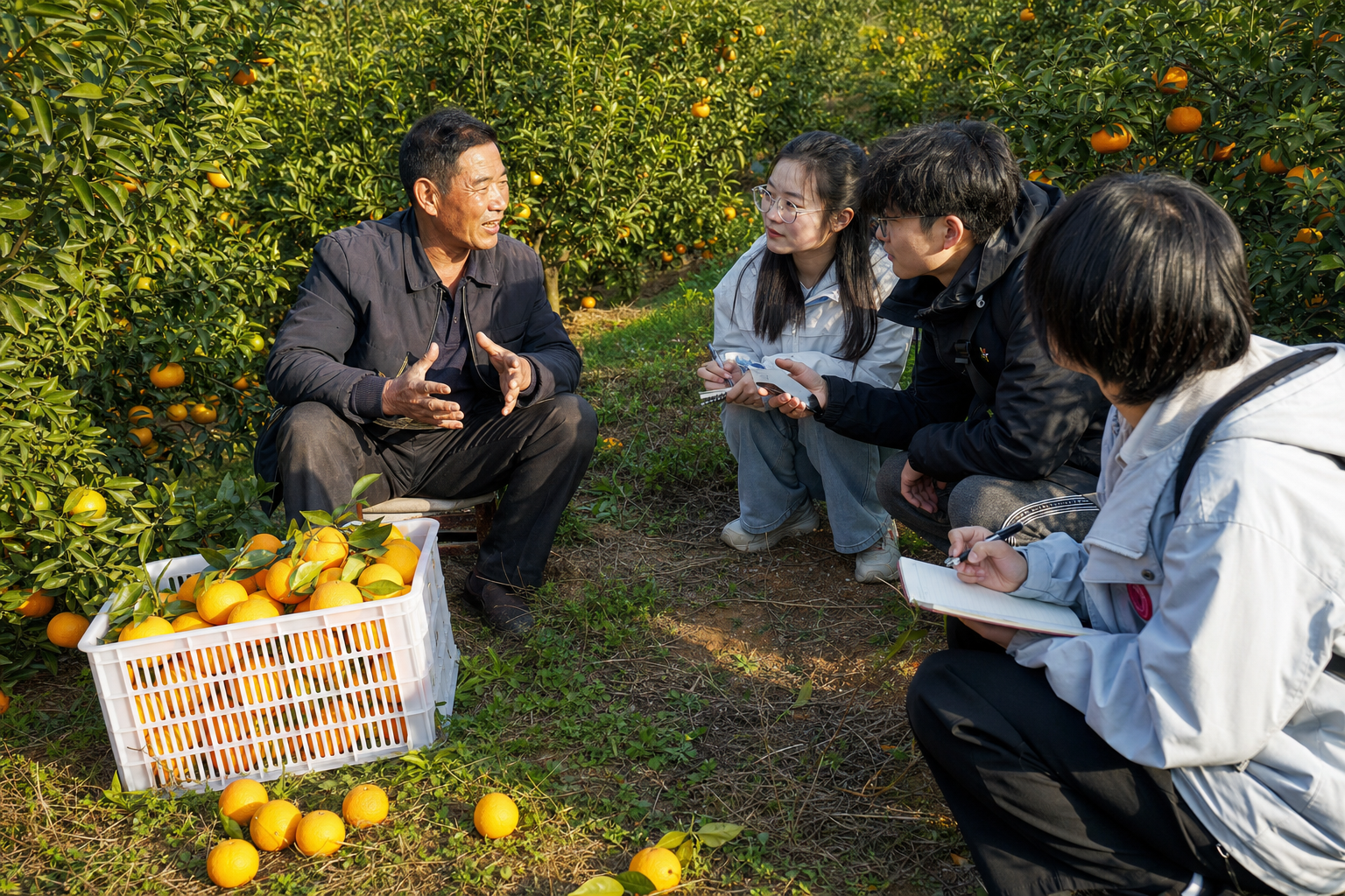 项目团队在沃柑果园访谈果农